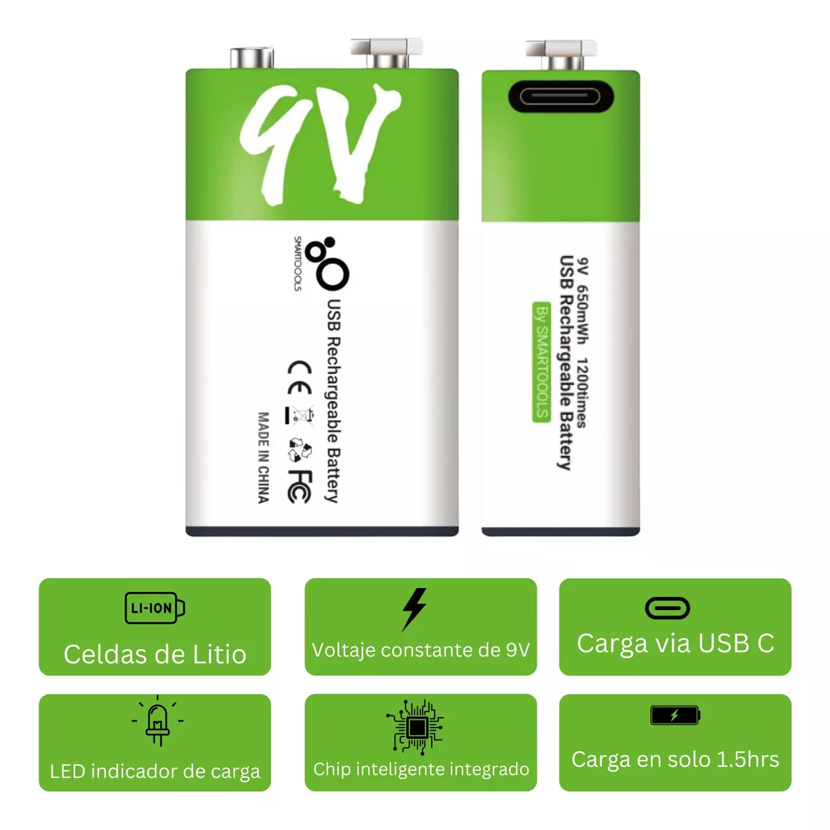 Par  Pilas 9v Recargables Usb C 2600mwh Cuadrada Carga Rapida