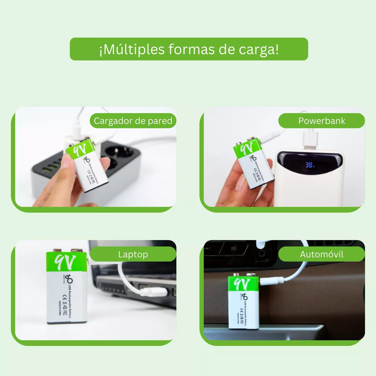 Par  Pilas 9v Recargables Usb C 2600mwh Cuadrada Carga Rapida