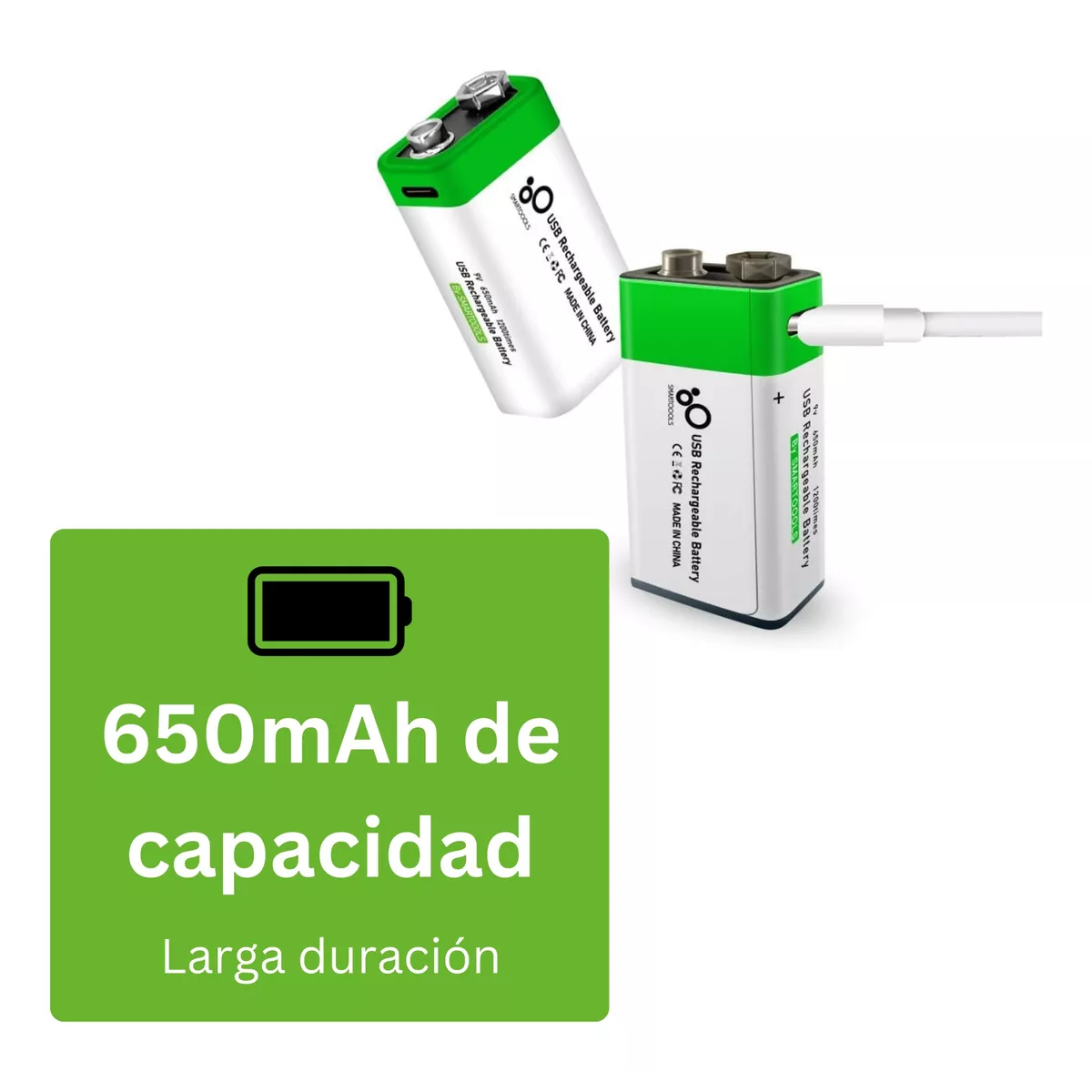 Par  Pilas 9v Recargables Usb C 2600mwh Cuadrada Carga Rapida