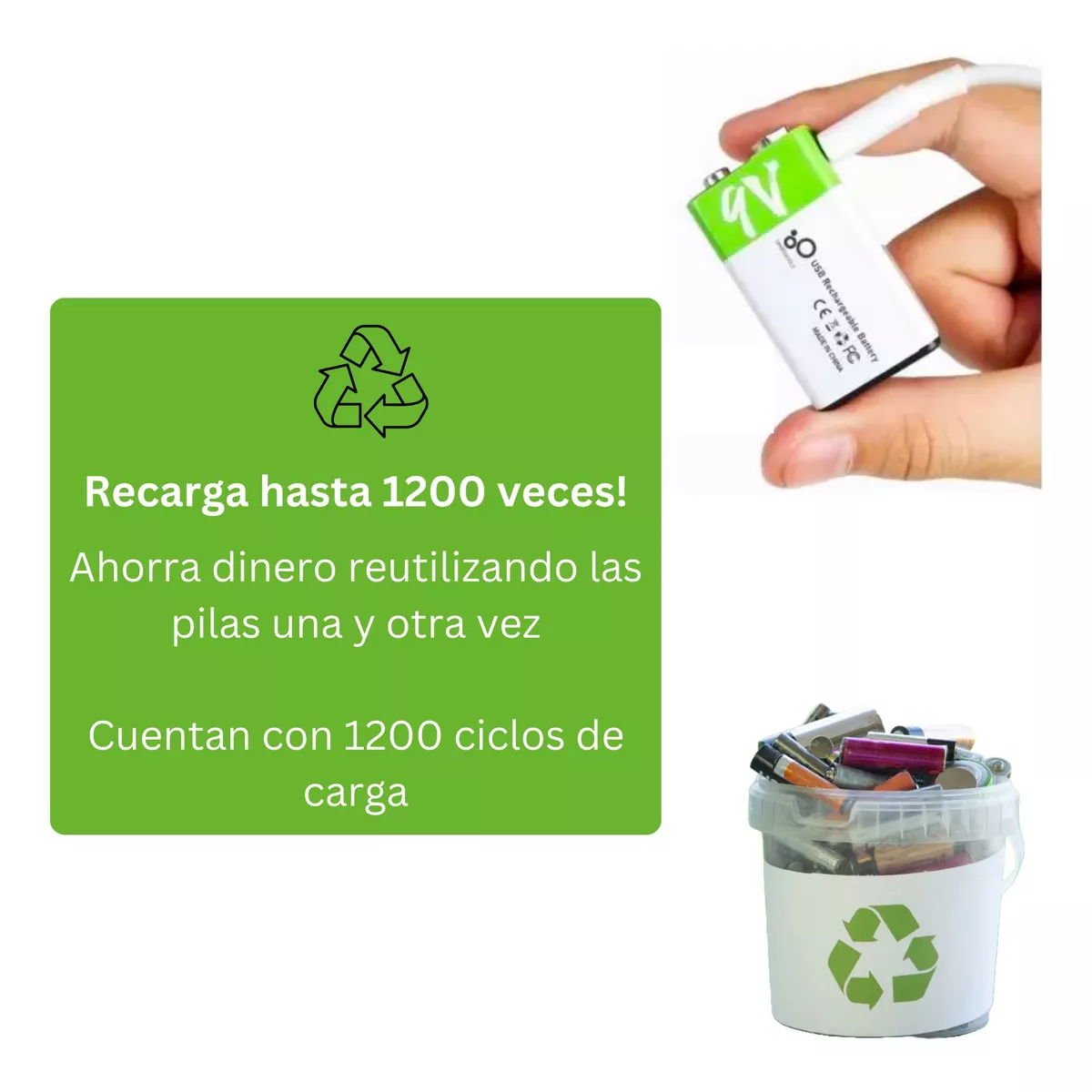 Par  Pilas 9v Recargables Usb C 2600mwh Cuadrada Carga Rapida