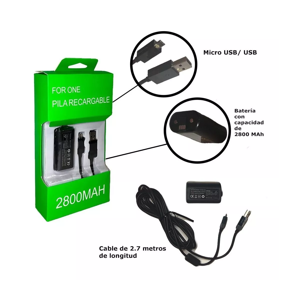 Pila Recarga Y Cable 2.7m Para Control Xbox One Y Modelo S