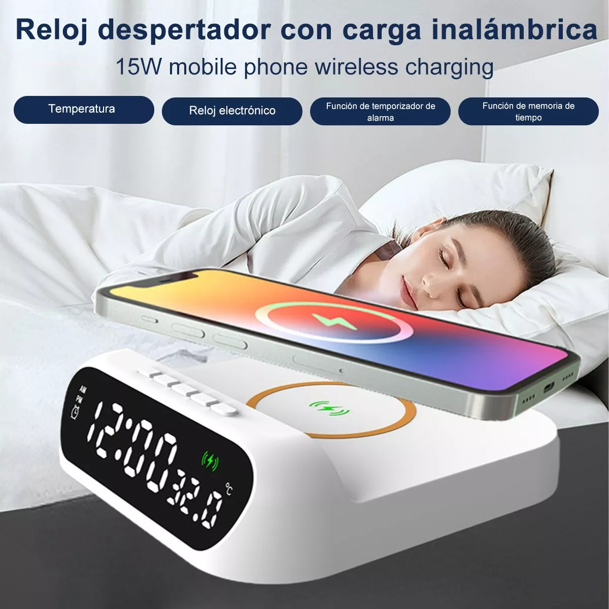 Reloj Despertador Digital 3 En 1 Inalámbrico De 15w