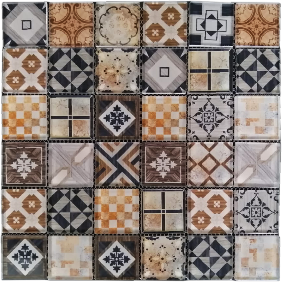 Malla o Mosaico Decorativo de vidrio TALA, medida 30 x 30 cms. (base por altura). Diseño vintage. Caja de 5 piezas..