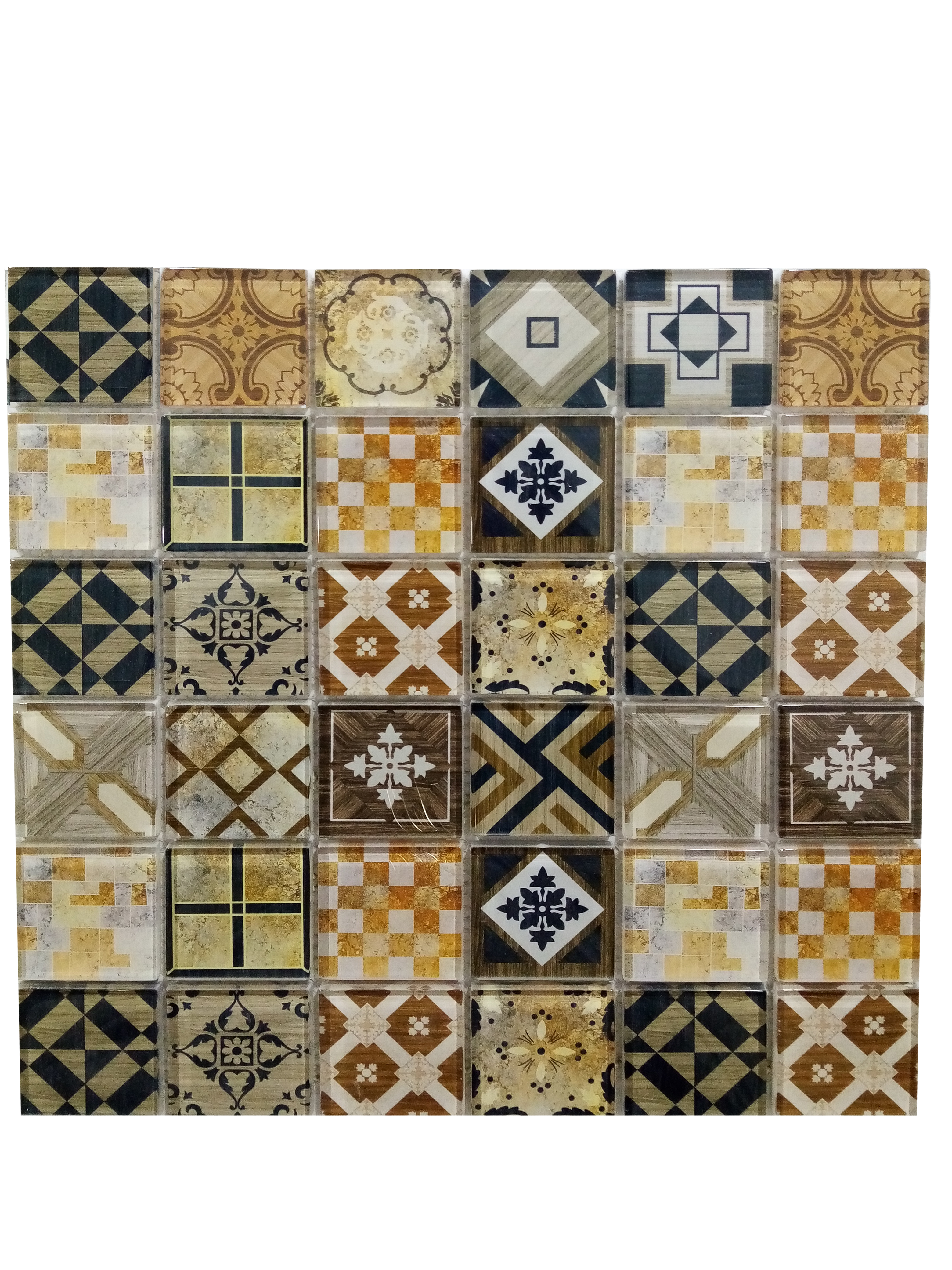 Malla o Mosaico Decorativo de vidrio TALA, medida 30 x 30 cms. (base por altura). Diseño vintage. Caja de 5 piezas..