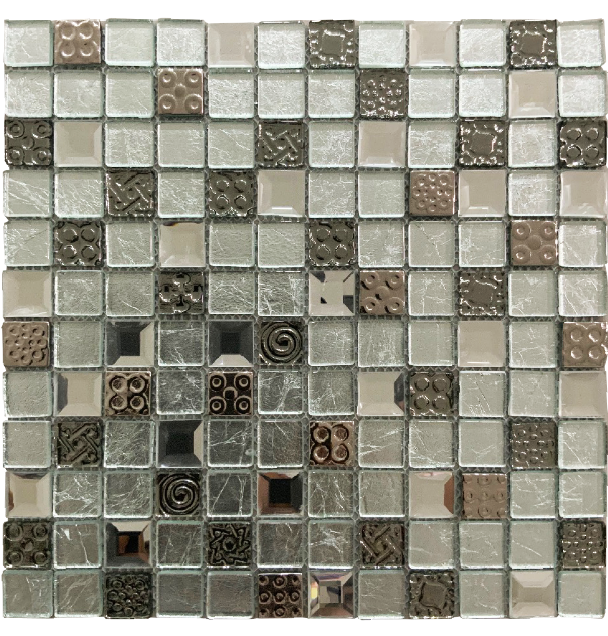 Malla o Mosaico Decorativo de vidrio GLA, medida 30 x 30 cms. (base por altura). Diseño en tonos gris y plata con detalles en relieve. Caja de 5 piezas.