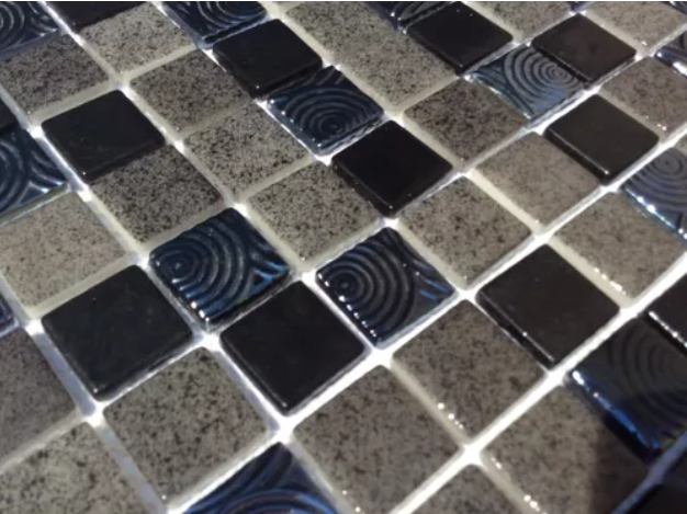 Malla o Mosaico Decorativo de vidrio COFF, medida 30 x 30 cms. (base por altura). Diseño en tonos cafés, texturizado y con detalles en relieve. Caja de 5 piezas.