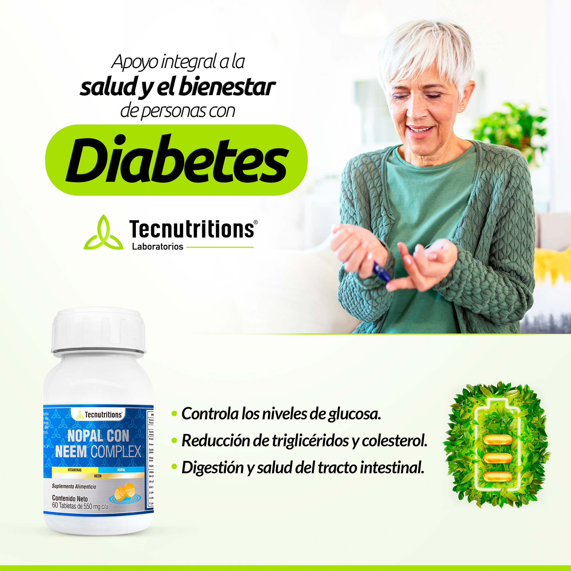Suplemento Nopal Con Neem Complex Tecnutritions® Diabetes Colesterol