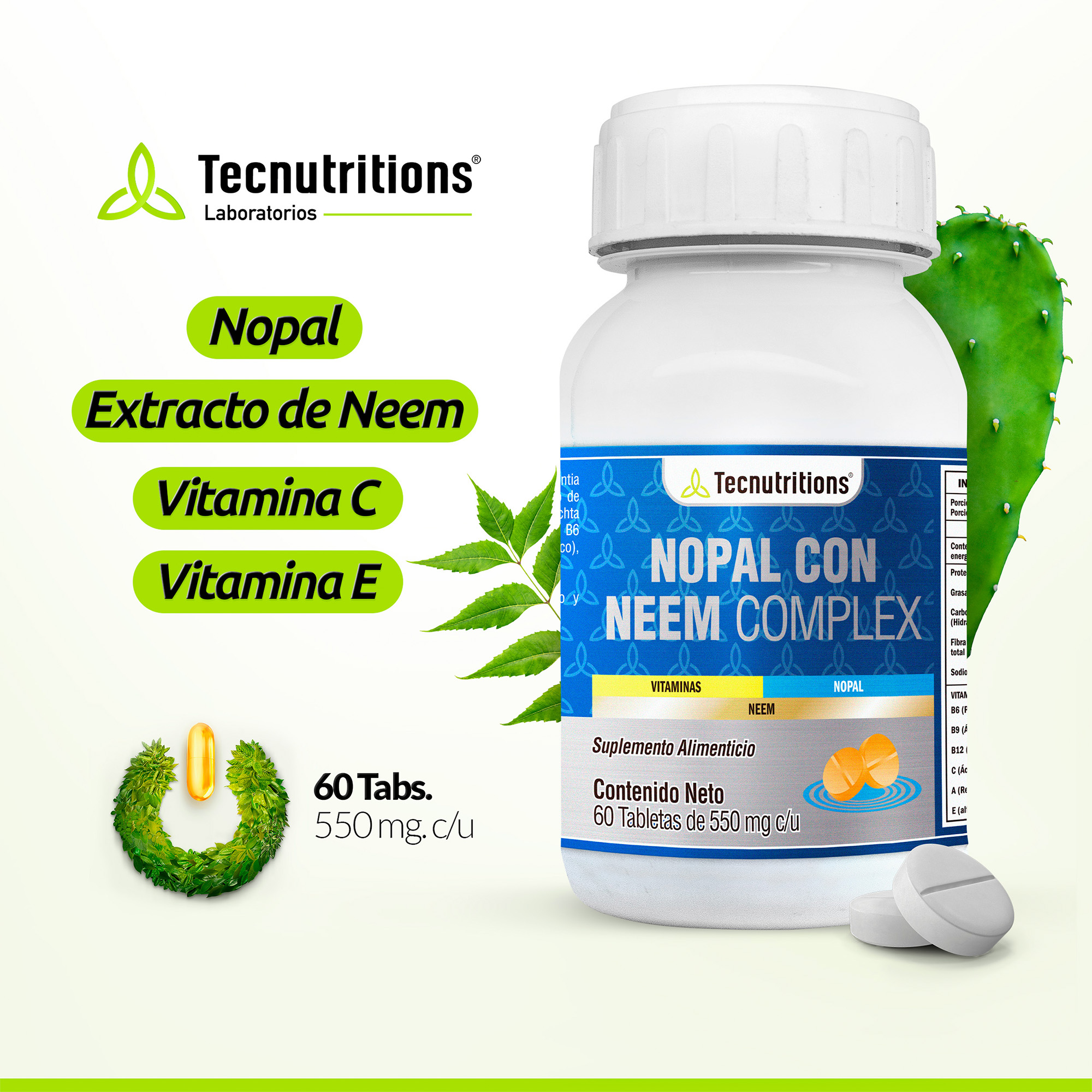 Suplemento Nopal Con Neem Complex Tecnutritions® Diabetes Colesterol