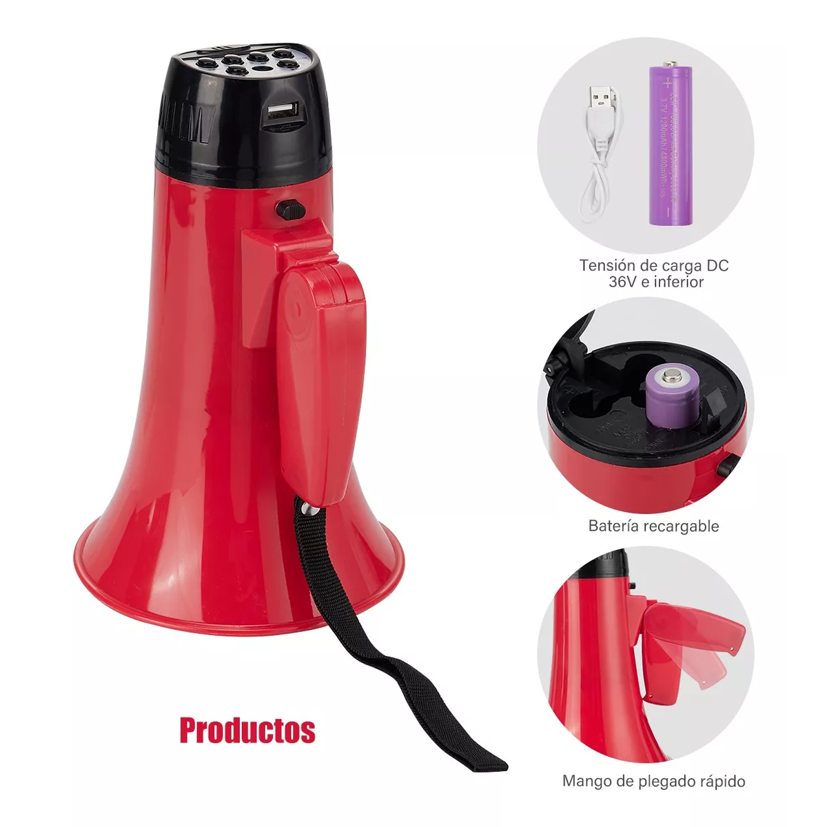 Megáfono Usb 25w Con Sirena Bluetooth Y Grabador Recargable Rojo