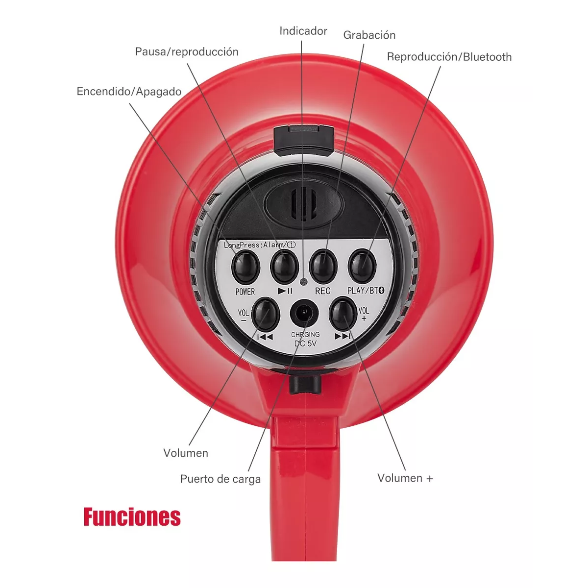Megáfono Usb 25w Con Sirena Bluetooth Y Grabador Recargable Rojo
