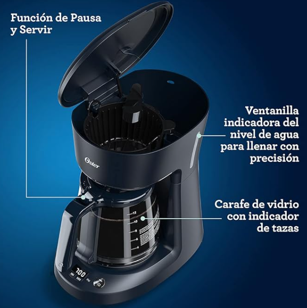 Cafetera de 12 Tazas Oster Negra Sistema Programable con Reloj Digital .