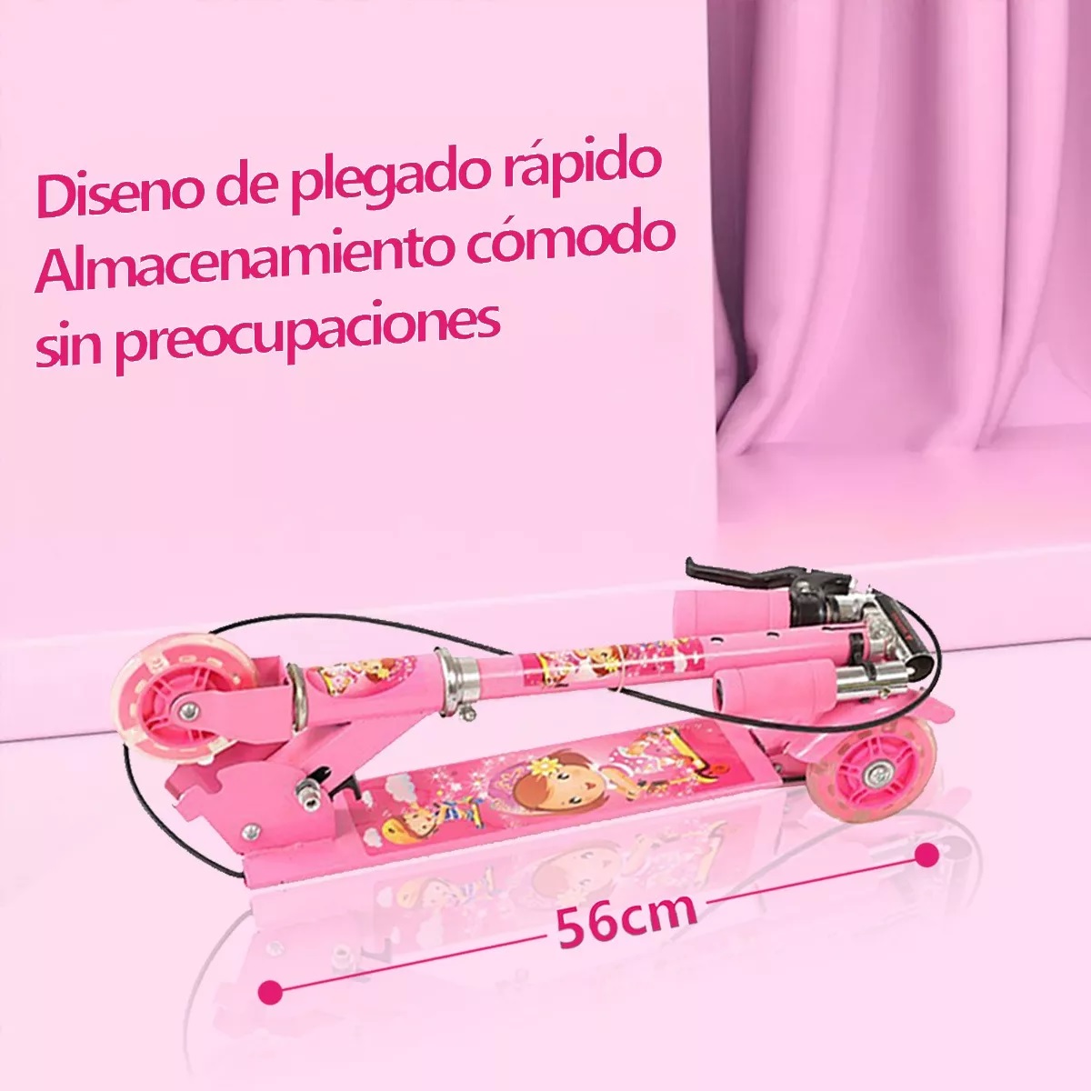 Patinete Infantil Plegable Ajustable De 3 Ruedas Con Luz Led Rosa