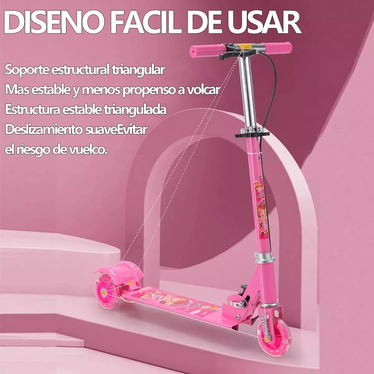 Patinete Infantil Plegable Ajustable De 3 Ruedas Con Luz Led Rosa