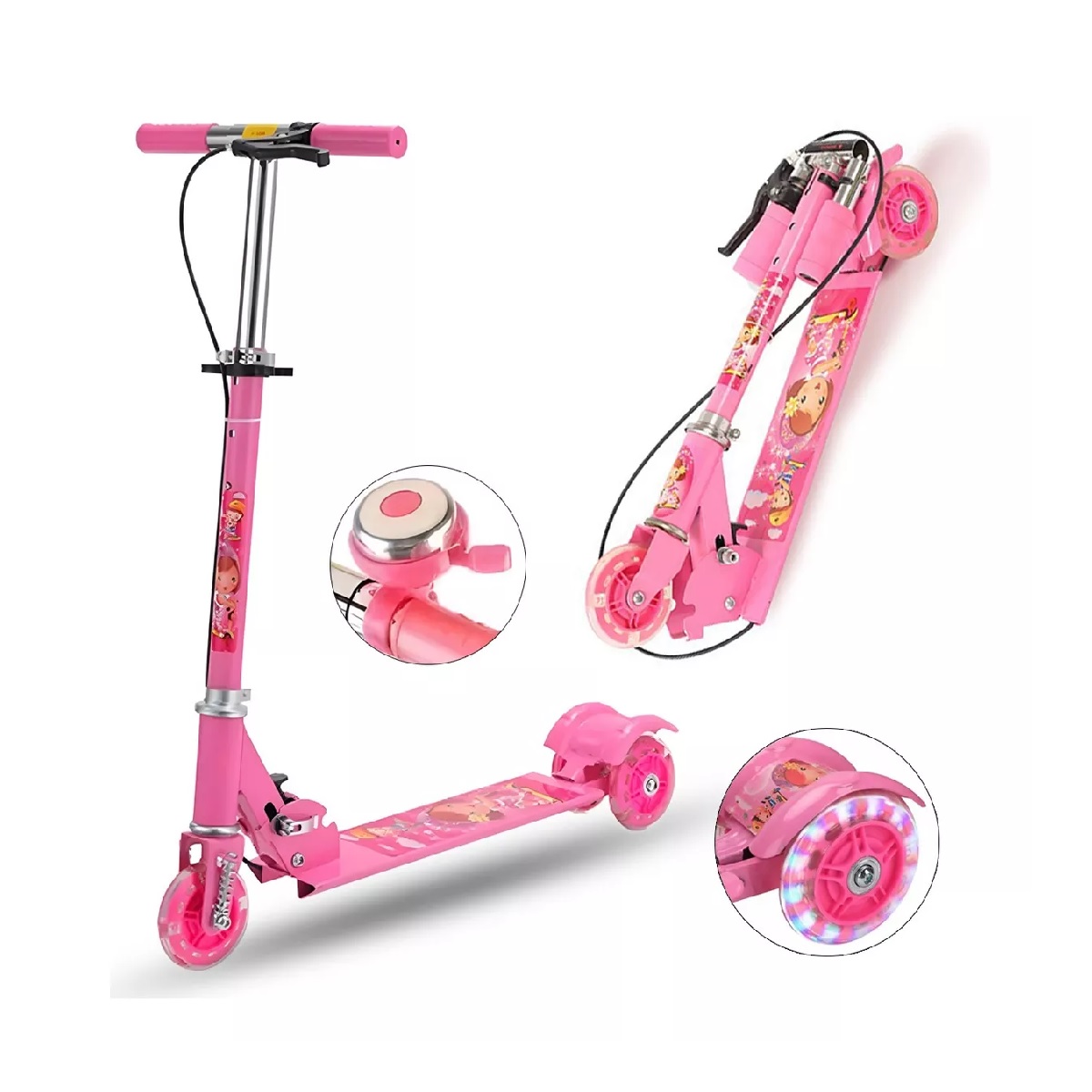 Patinete Infantil Plegable Ajustable De 3 Ruedas Con Luz Led Rosa
