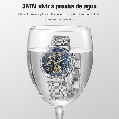 Reloj de pulsera Skmei 7039 de cuerpo color plateado, analógico, para hombre, fondo azul y negro color plateado, agujas color blanco, dial blanco, bisel color plateado y mariposa