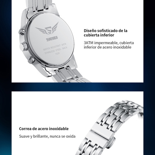 Reloj de pulsera Skmei 7039 de cuerpo color plateado, analógico, para hombre, fondo azul y negro color plateado, agujas color blanco, dial blanco, bisel color plateado y mariposa