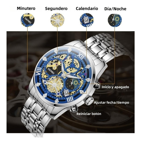 Reloj de pulsera Skmei 7039 de cuerpo color plateado, analógico, para hombre, fondo azul y negro color plateado, agujas color blanco, dial blanco, bisel color plateado y mariposa