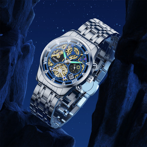 Reloj de pulsera Skmei 7039 de cuerpo color plateado, analógico, para hombre, fondo azul y negro color plateado, agujas color blanco, dial blanco, bisel color plateado y mariposa