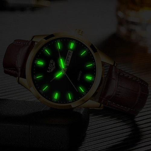 Reloj Cronógrafo Lige LG8970 De Cuero Casual Para Hombre Quartz Correa Marrón Bisel Dorado Fondo Negro