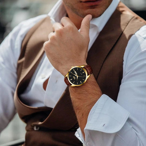 Reloj Cronógrafo Lige LG8970 De Cuero Casual Para Hombre Quartz Correa Marrón Bisel Dorado Fondo Negro