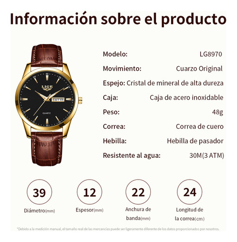 Reloj Cronógrafo Lige LG8970 De Cuero Casual Para Hombre Quartz Correa Marrón Bisel Dorado Fondo Negro