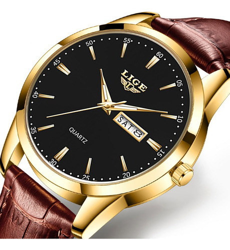 Reloj Cronógrafo Lige LG8970 De Cuero Casual Para Hombre Quartz Correa Marrón Bisel Dorado Fondo Negro