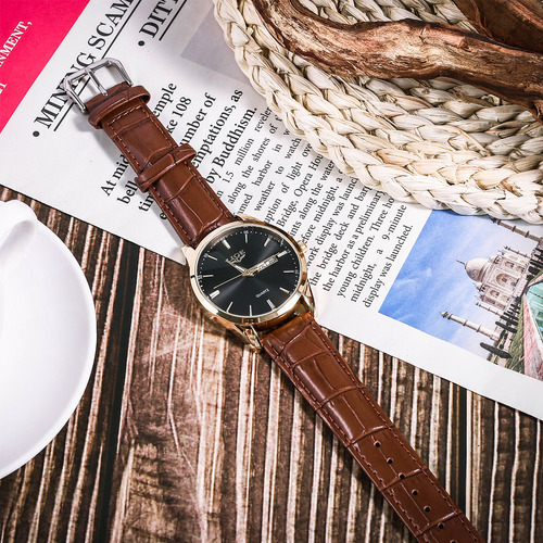 Reloj Cronógrafo Lige LG8970 De Cuero Casual Para Hombre Quartz Correa Marrón Bisel Dorado Fondo Negro