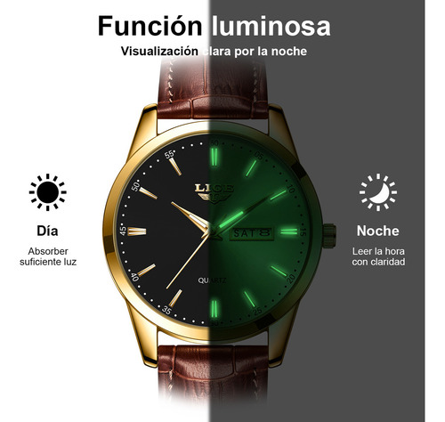 Reloj Cronógrafo Lige LG8970 De Cuero Casual Para Hombre Quartz Correa Marrón Bisel Dorado Fondo Negro