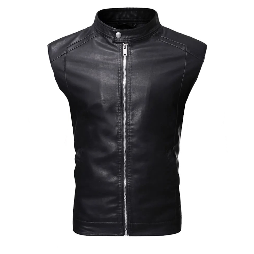 Chaleco De Piel Rockero Hombre Slim Biker Cuello Alto C6.
