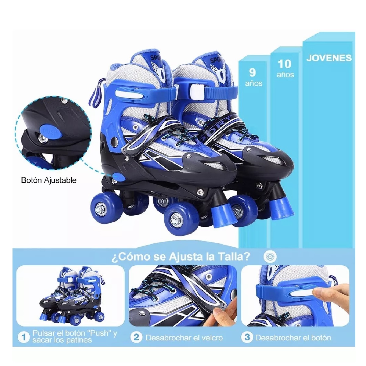 Patines Ajustables 4 Ruedas Protección Para Niños Doble Fila