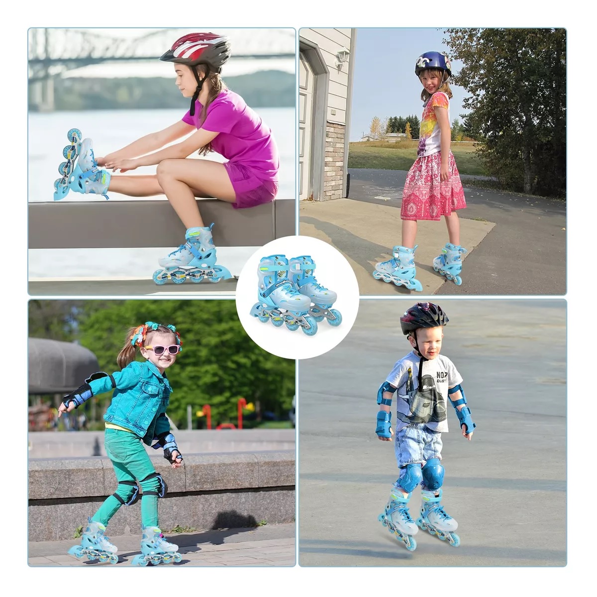 Patines En Linea Profesionales Azul M+equipo De Protección