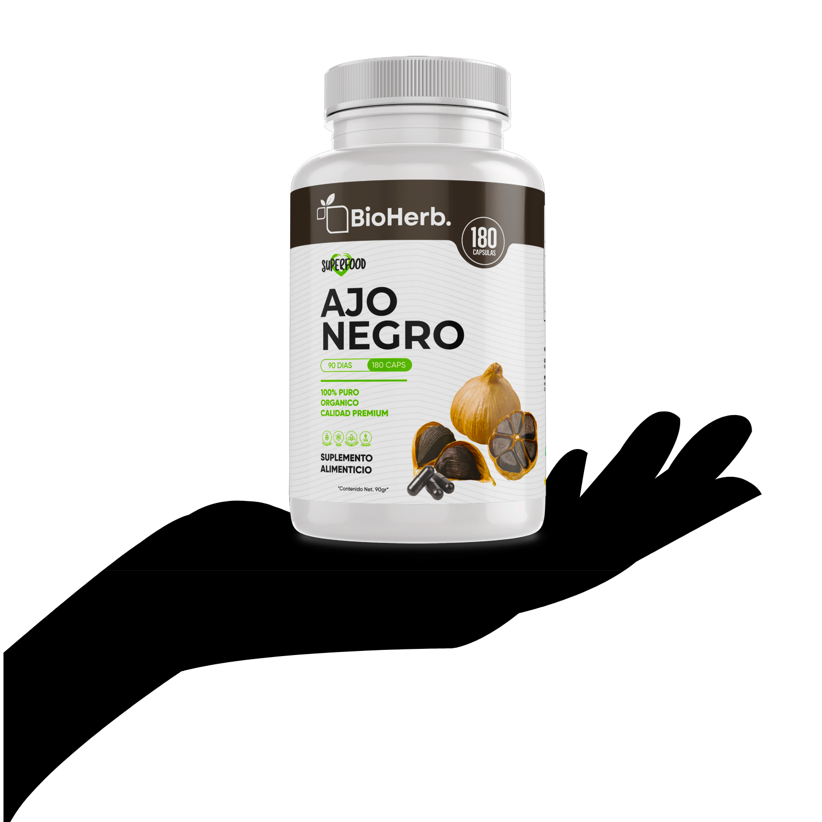 Ajo Negro100% Puro (180 Capsulas de 500mg) - [Potente Antioxidante Rico en Vitamina A, C y Calcio] | Presion y Digestion | Calidad Suprema | Sin Gluten ni Añadidos | Suministro Para 90 Dias | - Black Garlic - BioHerb.