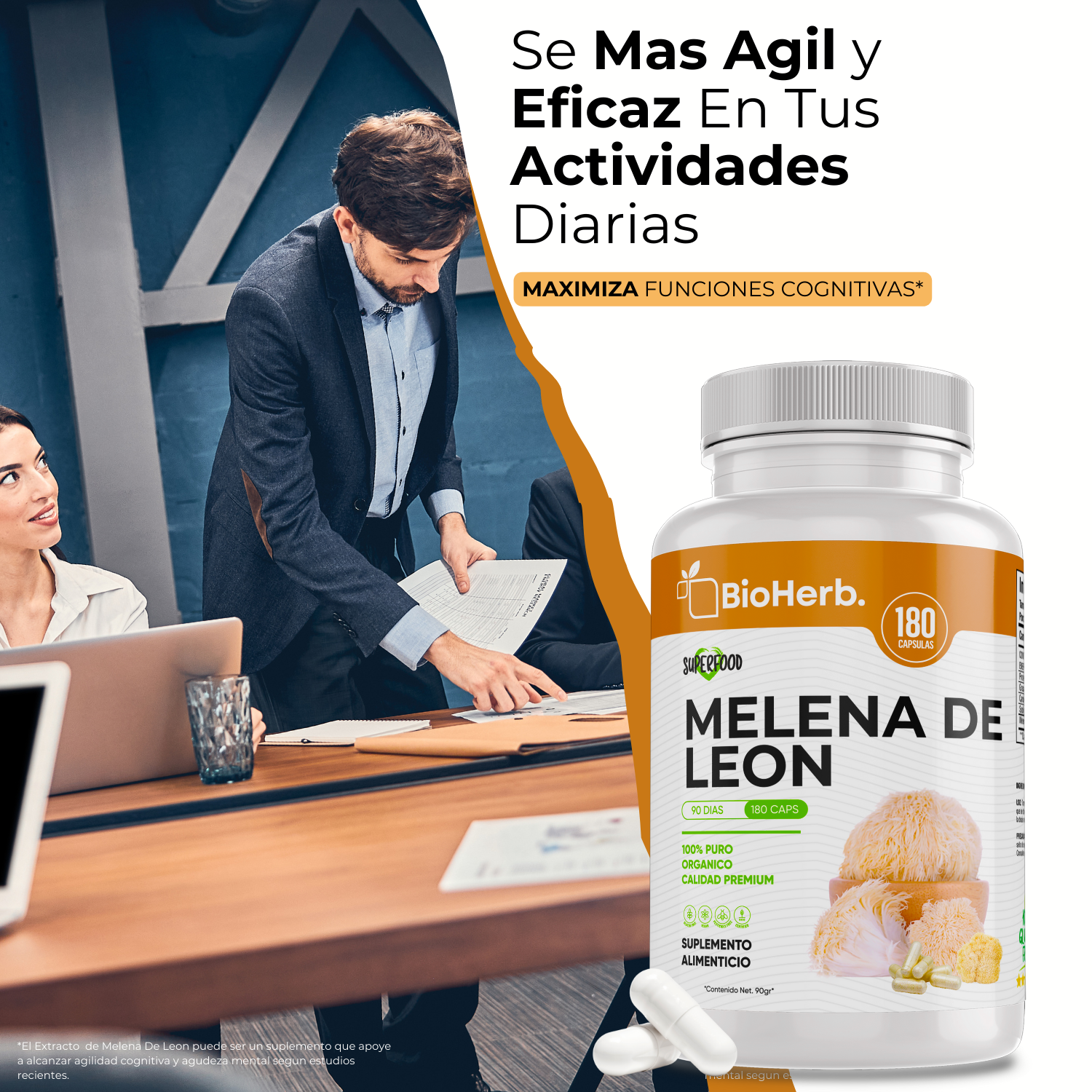 Melena de Leon (180 Capsulas Para 90 Dias) - [Extremadamente Eficaz] -|Potente Nootropico | Mente y Enfoque | Potencia Funciones Cognitivas | 100% Pura | Caps 500mg CU | - Lions Mane Extract - BioHerb.