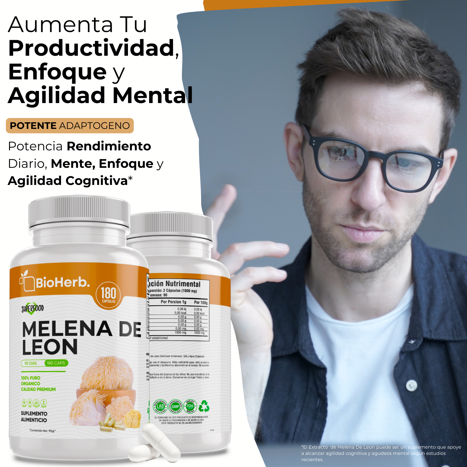 Melena de Leon (180 Capsulas Para 90 Dias) - [Extremadamente Eficaz] -|Potente Nootropico | Mente y Enfoque | Potencia Funciones Cognitivas | 100% Pura | Caps 500mg CU | - Lions Mane Extract - BioHerb.