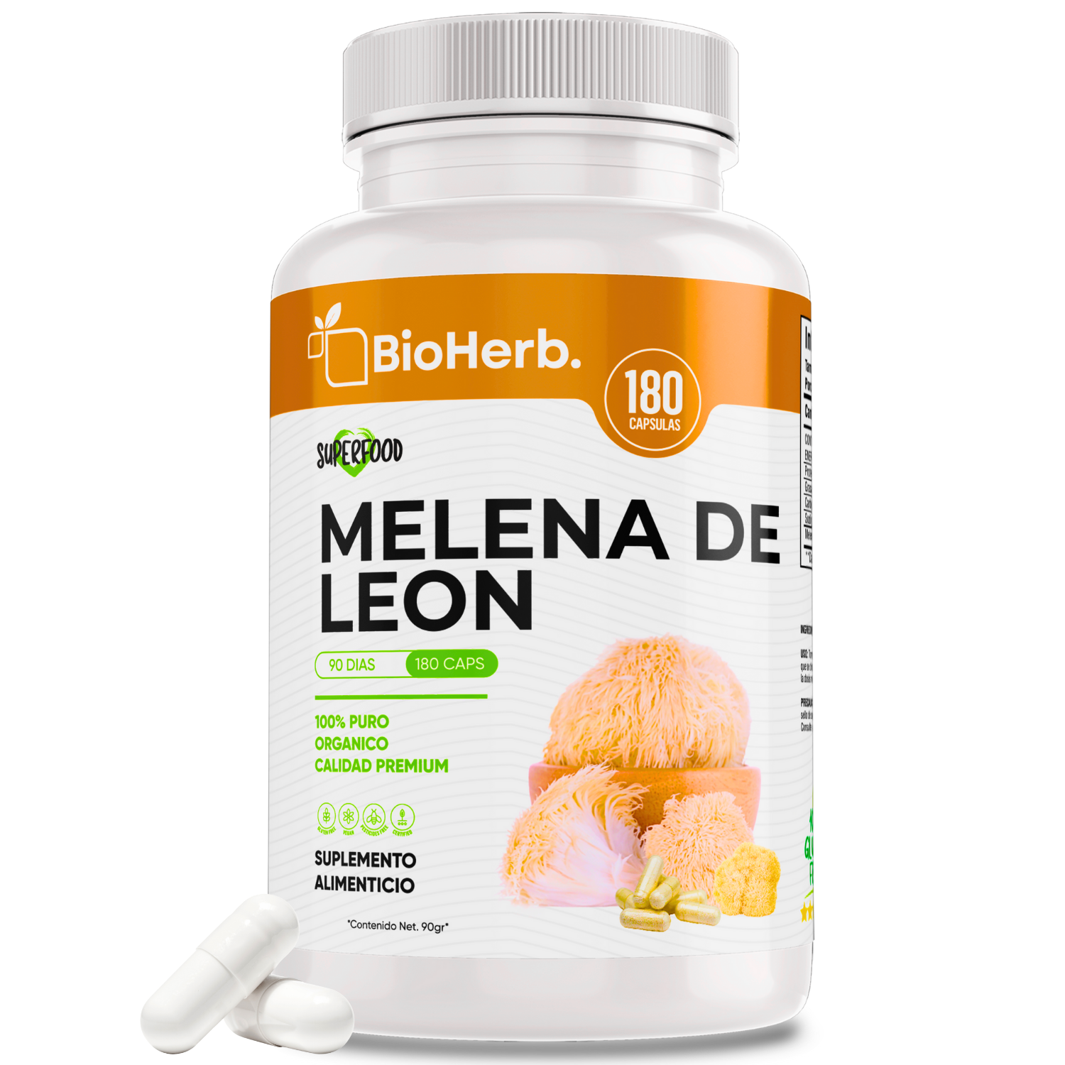 Melena de Leon (180 Capsulas Para 90 Dias) - [Extremadamente Eficaz] -|Potente Nootropico | Mente y Enfoque | Potencia Funciones Cognitivas | 100% Pura | Caps 500mg CU | - Lions Mane Extract - BioHerb.