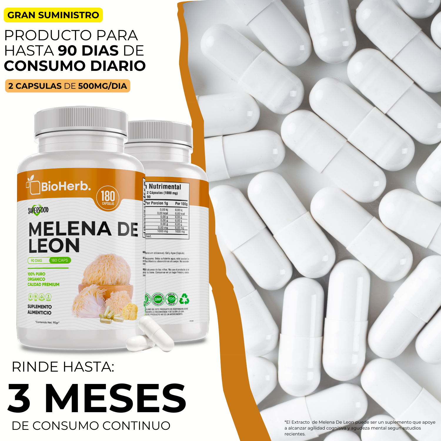 Melena de Leon (180 Capsulas Para 90 Dias) - [Extremadamente Eficaz] -|Potente Nootropico | Mente y Enfoque | Potencia Funciones Cognitivas | 100% Pura | Caps 500mg CU | - Lions Mane Extract - BioHerb.
