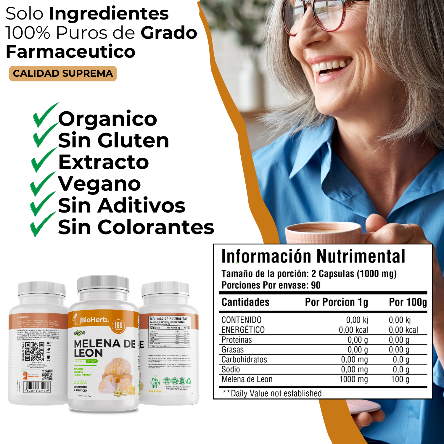 Melena de Leon (180 Capsulas Para 90 Dias) - [Extremadamente Eficaz] -|Potente Nootropico | Mente y Enfoque | Potencia Funciones Cognitivas | 100% Pura | Caps 500mg CU | - Lions Mane Extract - BioHerb.