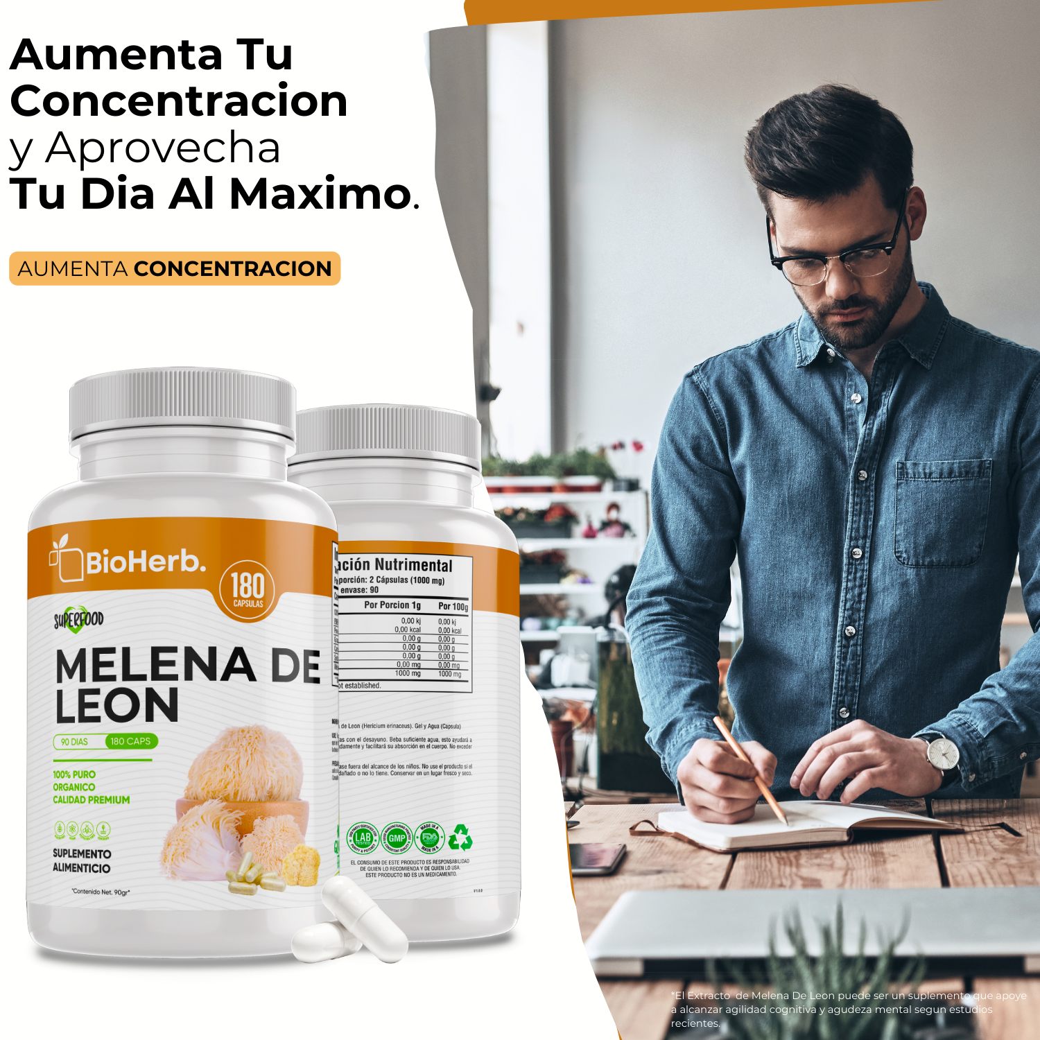 Melena de Leon (180 Capsulas Para 90 Dias) - [Extremadamente Eficaz] -|Potente Nootropico | Mente y Enfoque | Potencia Funciones Cognitivas | 100% Pura | Caps 500mg CU | - Lions Mane Extract - BioHerb.