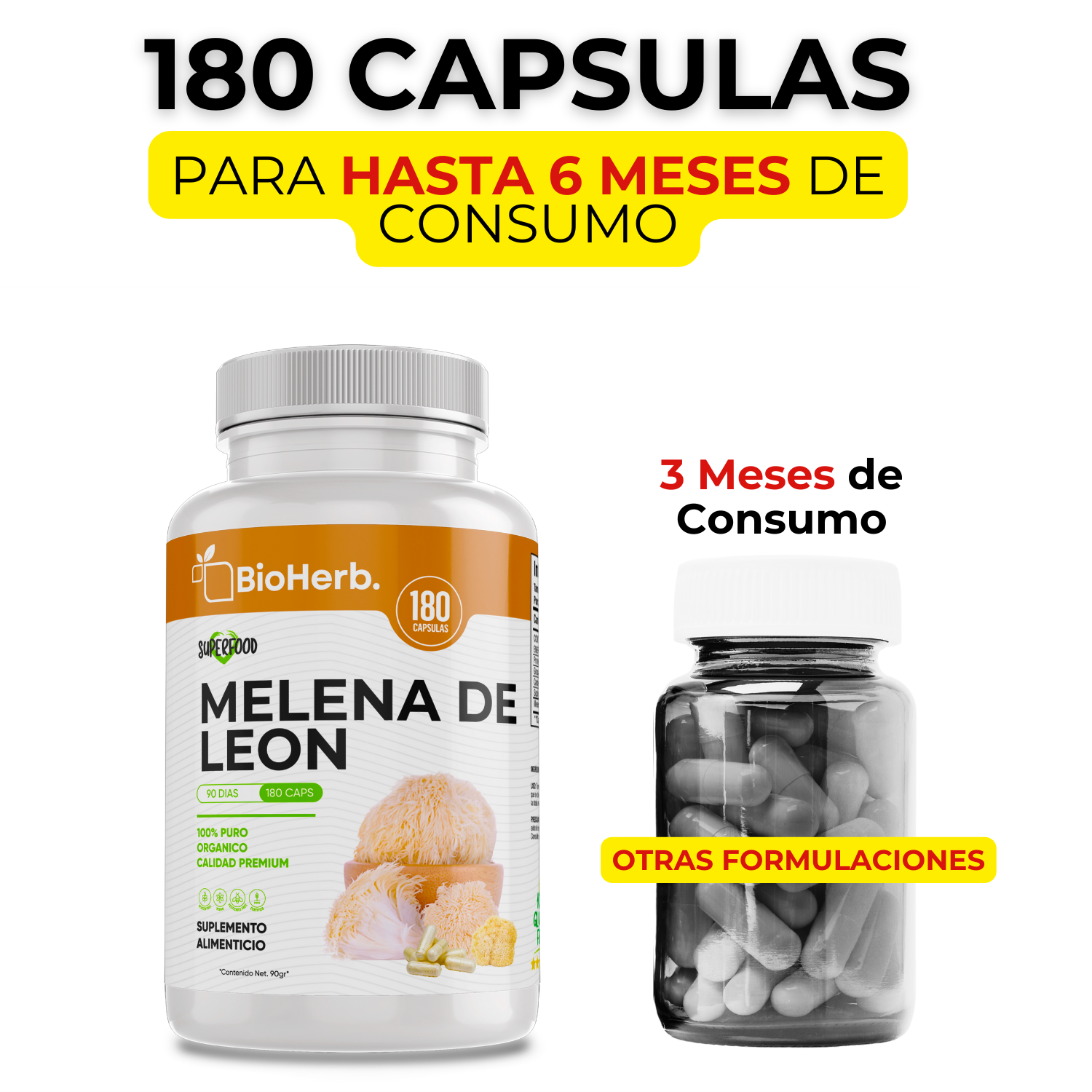 Melena de Leon (180 Capsulas Para 90 Dias) - [Extremadamente Eficaz] -|Potente Nootropico | Mente y Enfoque | Potencia Funciones Cognitivas | 100% Pura | Caps 500mg CU | - Lions Mane Extract - BioHerb.