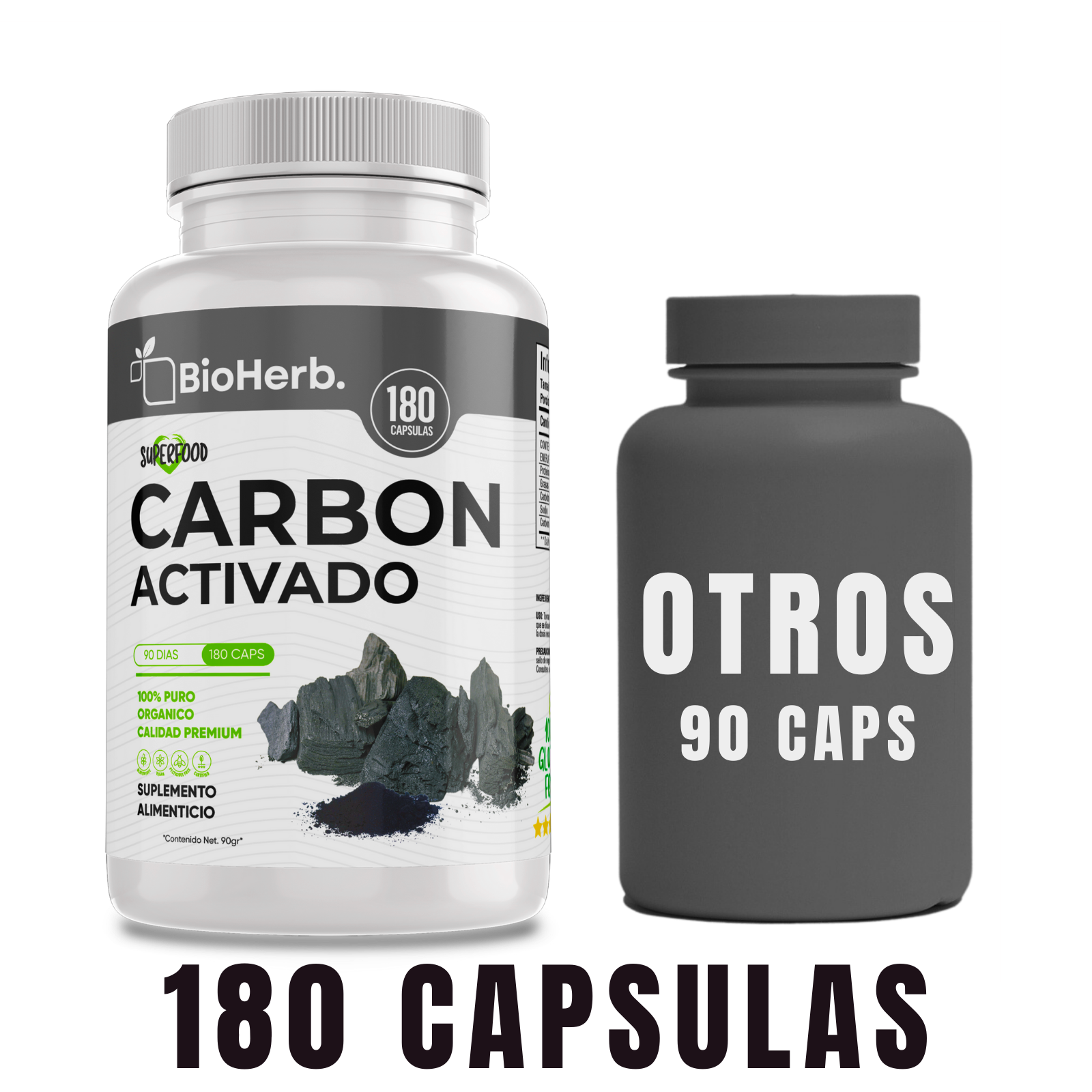 Carbon Activado 100% Puro (180 Capsulas 500mg) [Potente Mineral] | Extremadamente Eficaz| Absorcion Potenciada | Maxima Eficacia | Calidad Suprema | Suministro Para 90 Dias | - Activated Carbon- BioHerb.
