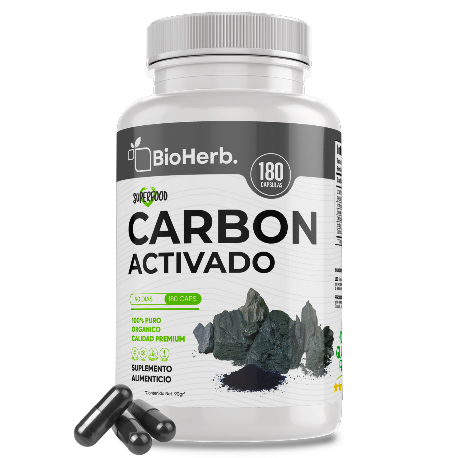 Carbon Activado 100% Puro (180 Capsulas 500mg) [Potente Mineral] | Extremadamente Eficaz| Absorcion Potenciada | Maxima Eficacia | Calidad Suprema | Suministro Para 90 Dias | - Activated Carbon- BioHerb.