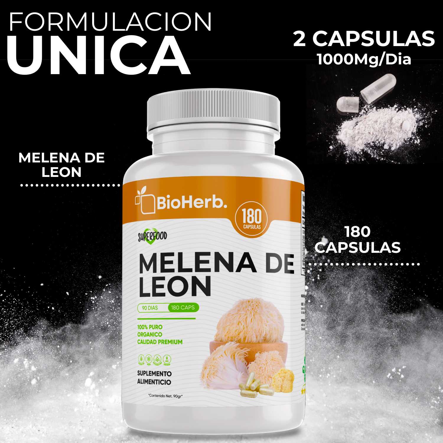 Melena de Leon (180 Capsulas Para 90 Dias) - [Extremadamente Eficaz] -|Potente Nootropico | Mente y Enfoque | Potencia Funciones Cognitivas | 100% Pura | Caps 500mg CU | - Lions Mane Extract - BioHerb.