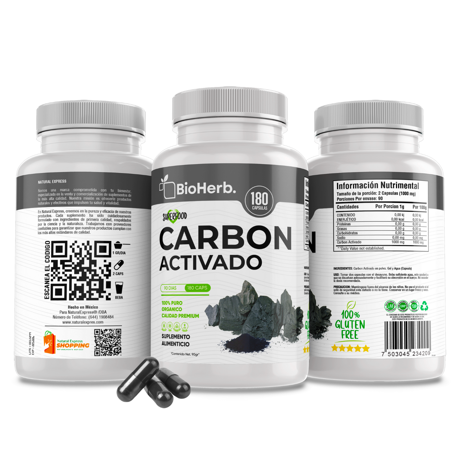 Carbon Activado 100% Puro (180 Capsulas 500mg) [Potente Mineral] | Extremadamente Eficaz| Absorcion Potenciada | Maxima Eficacia | Calidad Suprema | Suministro Para 90 Dias | - Activated Carbon- BioHerb.
