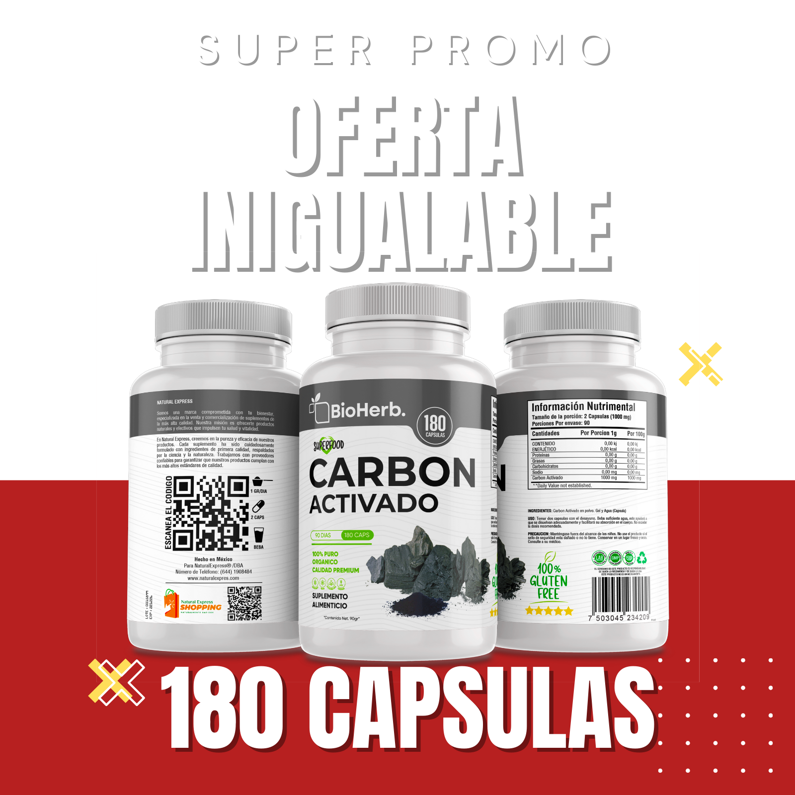Carbon Activado 100% Puro (180 Capsulas 500mg) [Potente Mineral] | Extremadamente Eficaz| Absorcion Potenciada | Maxima Eficacia | Calidad Suprema | Suministro Para 90 Dias | - Activated Carbon- BioHerb.