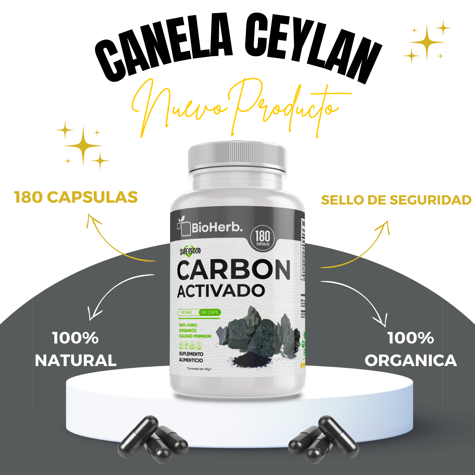 Carbon Activado 100% Puro (180 Capsulas 500mg) [Potente Mineral] | Extremadamente Eficaz| Absorcion Potenciada | Maxima Eficacia | Calidad Suprema | Suministro Para 90 Dias | - Activated Carbon- BioHerb.