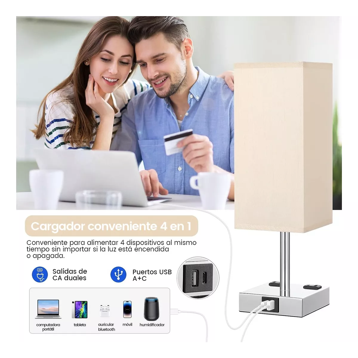 Lámpara De Noche Buró Touch De Mesa Con Bulbo Led Usb A Y C