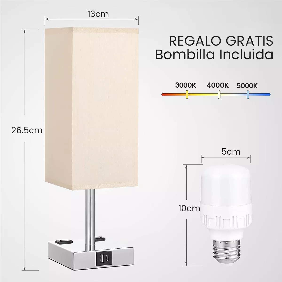 Lámpara De Noche Buró Touch De Mesa Con Bulbo Led Usb A Y C