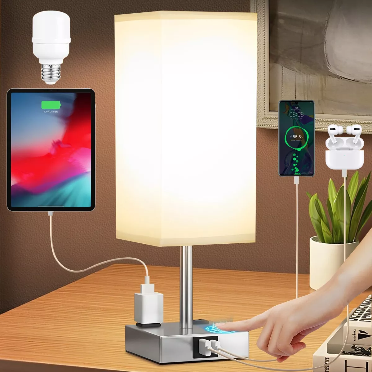 Lámpara De Noche Buró Touch De Mesa Con Bulbo Led Usb A Y C
