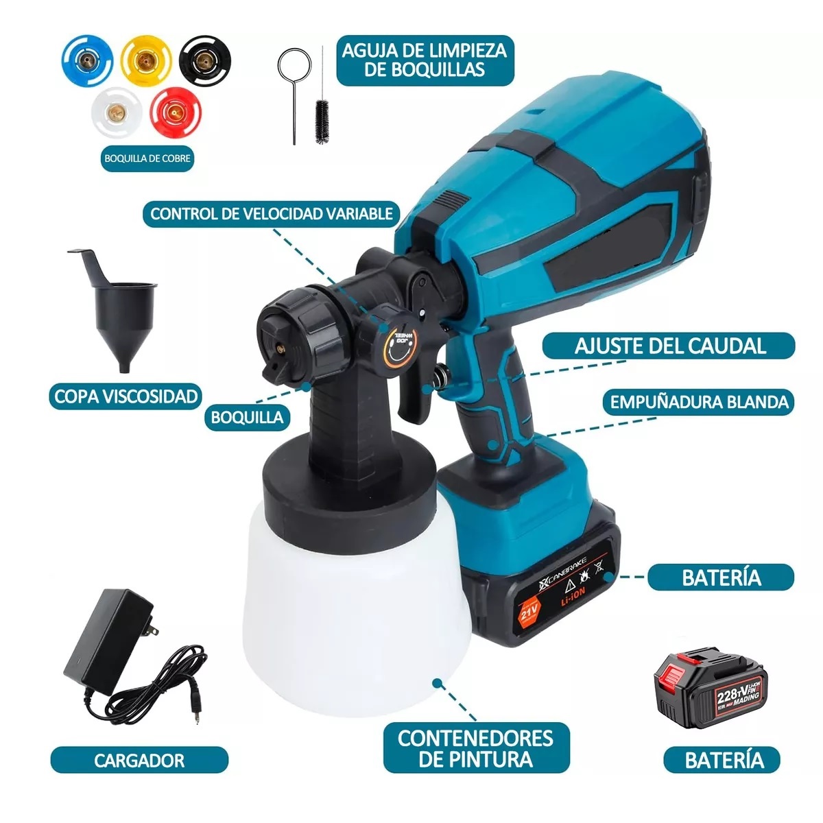 Pistola Para Pintar Casas Pintura Inalámbrico 1000ml 2 Pilas Azul