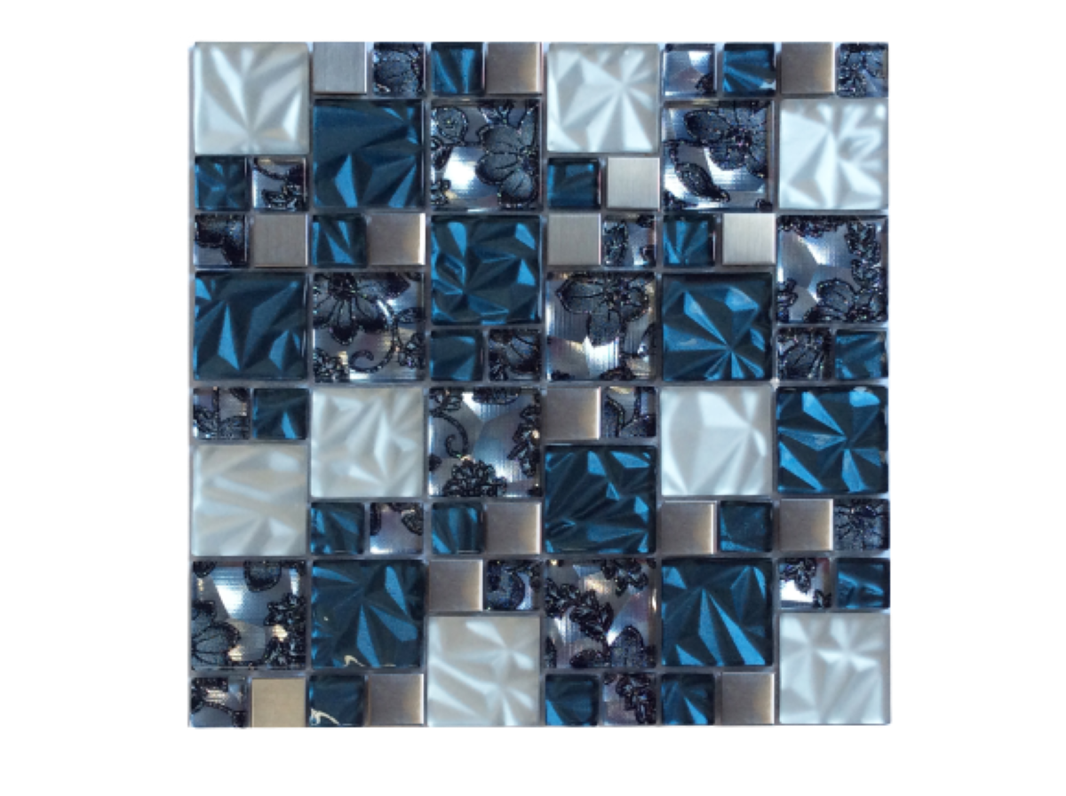 Malla o Mosaico Decorativo de vidrio y acero inoxidable LIR, medida 30 x 30 cms. (base por altura). Diseño en tonos azul, gris y plata con detalles tipo textil y relieve. Caja de 5 piezas.